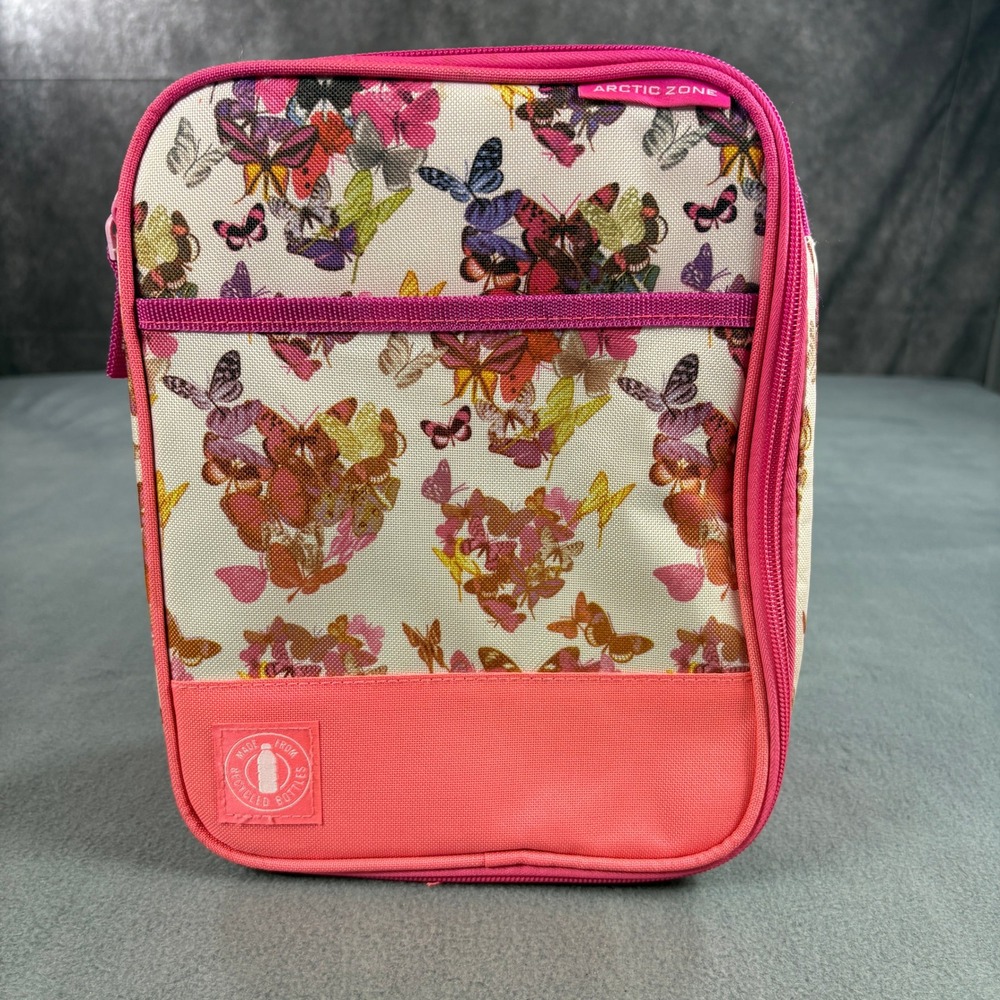 Arctic Zone Butterfly Print Expandable Insulated Lunch Bag Pink Recycled Fabric